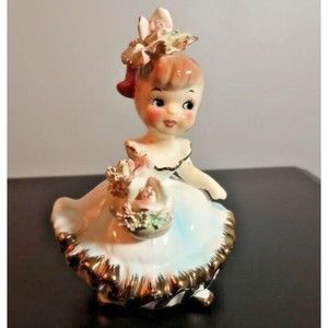 Vintage Doll Girl Figurine Dress Hat Ponytail Holding Floral Basket Gold Trim